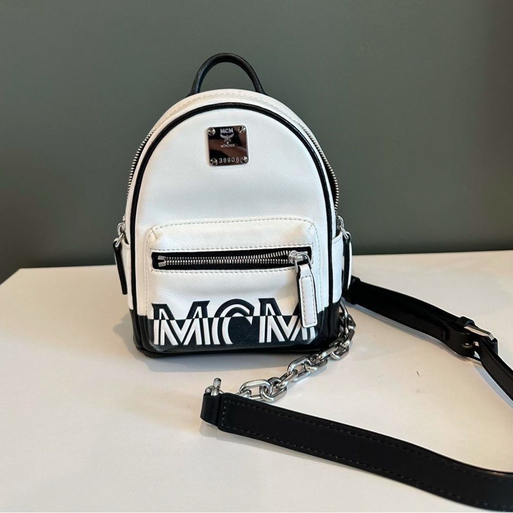 MCM White and Black Mini Bag with Textured Leather